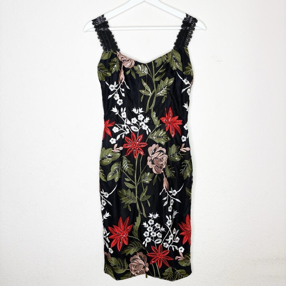 Bronx & Banco Sequin Embroidered Floral Lace Strap Zip Back Dress XS